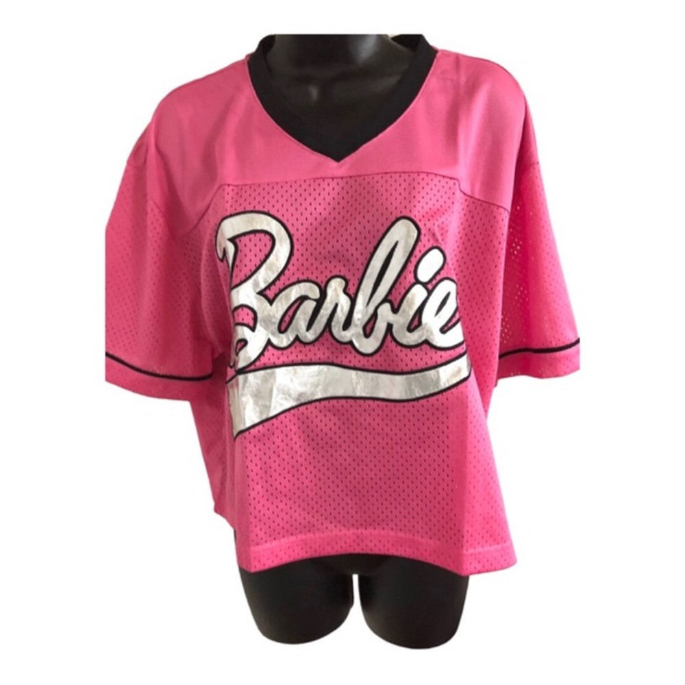 Barbie pink & silver metallic Malibu 59 Barbie graphic print v-neck mesh top
